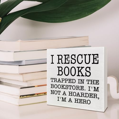 Book Lover Wooden Box Sign Decor - Rescue Books Library Accessories, Bookish Gifts for Librarians & Women, Book Lover 02