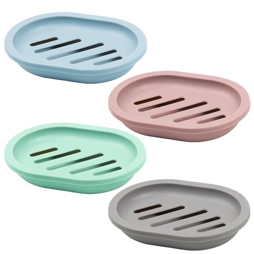 ELANE 4-Piece Soap Dish Set with Drainage - Grey, Blue, Green, Pink