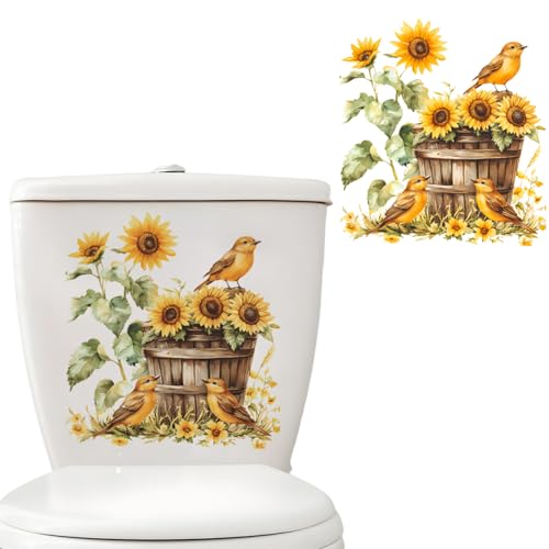 Sunflower and Bird Toilet Lid Sticker Decal - Waterproof Bathroom Decor