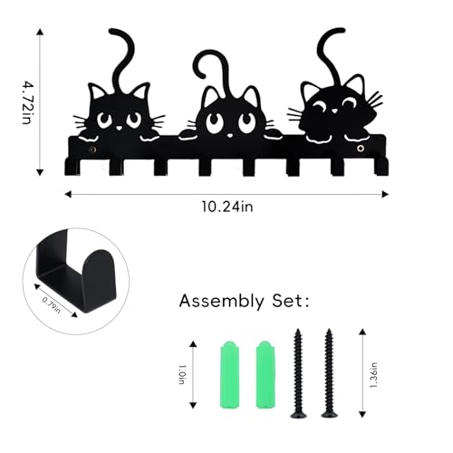 3 Cats Black Key Holder Wall Mounted - 8 Hook Organizer