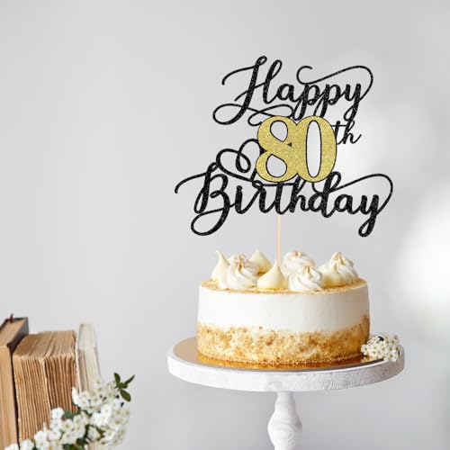 80th Birthday Cake Topper - Black Gold Glitter Decoration
