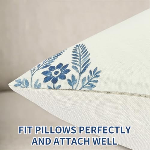 Blue Floral Vintage Pillow Cover 18x18 - Cozy Linen, Quick-Dry