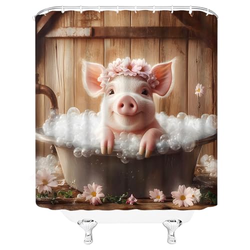 Funny Pink Pig Shower Curtain, 70x70 Inches - Farmhouse Decor