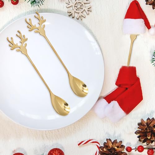 6 Inch Christmas Elk Deer Stainless Steel Dessert Spoons - Gold Set of 6
