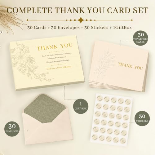 30 Pack Embossed Thank You Cards with Envelopes & Stickers