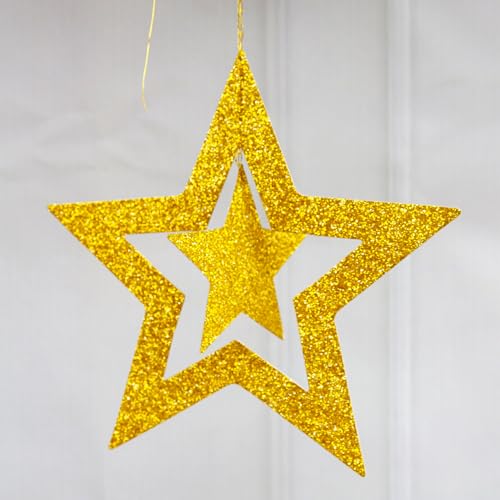 Merry Christmas Banner & Glitter Hanging Decor Set with Gold Stars & Snowflakes