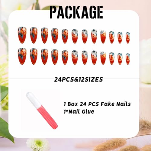 IMSOHOT Medium Almond Press on Nails Red Orange Flower Glossy Acrylic Fake Nails