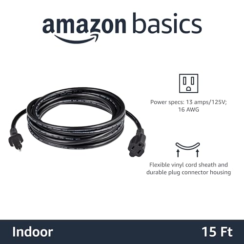 Amazon Basics 15-Foot Indoor Extension Cord, 16 AWG, 13 Amp, 2-Pack, Black