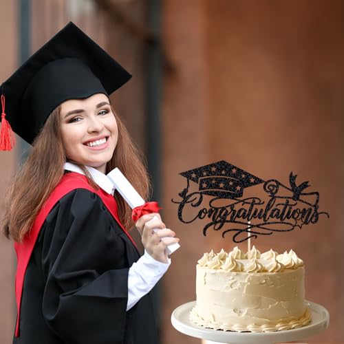 Black Glitter Graduation Cake Topper - Congratulations Cap & Diploma