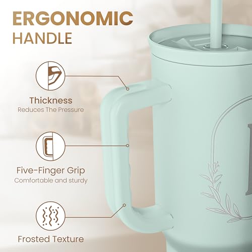 Personalized 40oz Monogrammed Tumbler with Handle - Letter I Insulated Travel Cup for Women & Gift