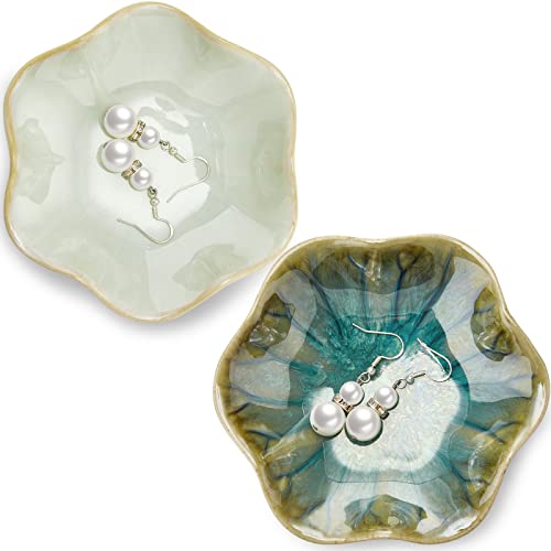 Meekoo Lotus Leaf Ceramic Jewelry Dish - Green Ring Holder Tray (2 Pack)