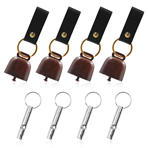 4Pcs Loud Bear Bells with Whistles and PU Leather Keychains, Bear Bells for Hiking and Loud Whistles, Cow Bells, Dog Bells