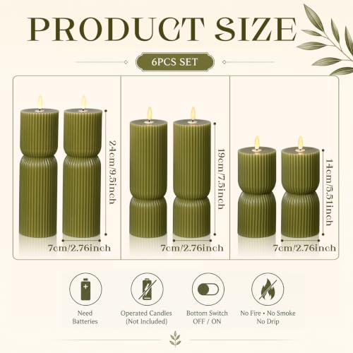 Flameless Candles Set - Real Wax Olive Green Hourglass with Variation Hourglass Ribbed