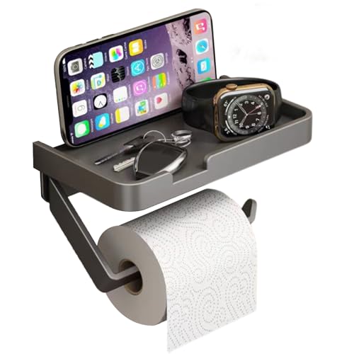 LERAO Adhesive Toilet Paper Holder with Phone Shelf - Matte Black Aluminum