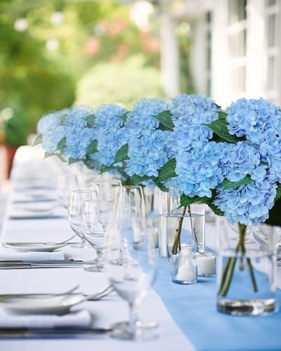 Blue Hydrangea Artificial Flowers Bouquets - 6pcs Silk Faux Floral Stems for Home & Wedding Decor