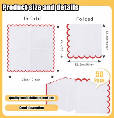 50 Red Scalloped Cocktail Napkins - 3-Ply Disposable 5x5 Inches