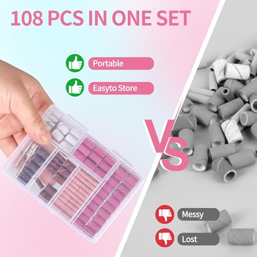 FLOYEUML 108Pcs Sanding Bands for Nail Drill with Bits & Storage Box