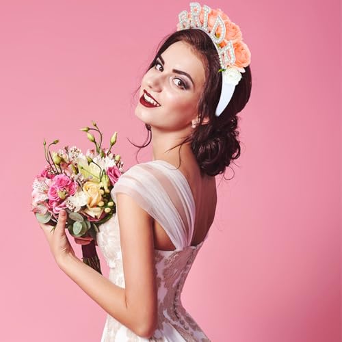 AMCAMI Bride Headband with Pearls and Pink Roses for Bachelorette Party