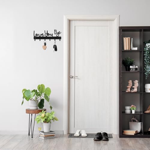 Love You Bye Key Holder Wall Mount - 10 x 4 Inch Black Metal Hook Rack