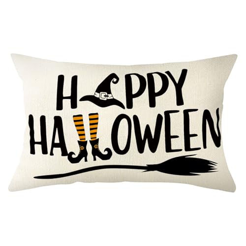 Happy Halloween Throw Pillow Cover, 12x20 Inch Witch Broom Design