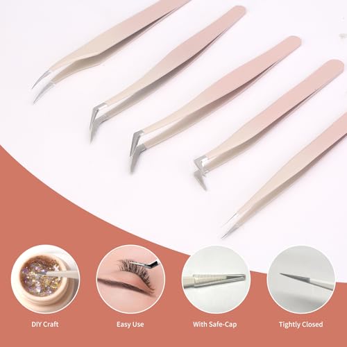 5 Pcs Lash Extension Tweezers Set - Stainless Steel Straight and Curved Tools