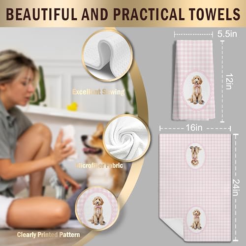 LUKIPOM Pink Doodle Coquette Bow Goldendoodle Dog Kitchen Hand Towels - 16x24 Inches