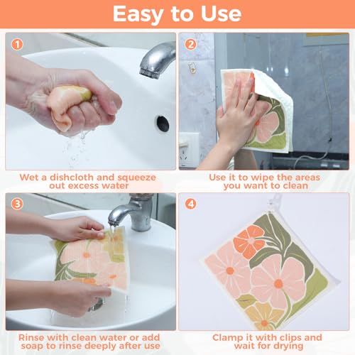 Pink Abstract Floral Swedish Dishcloths Set with Clips - 6 Reusable Kitchen Towels