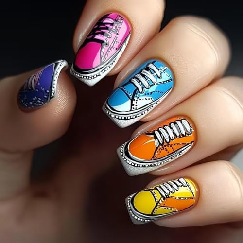 Press on Nails Medium Square French False Nails Colorful Glossy Acrylic