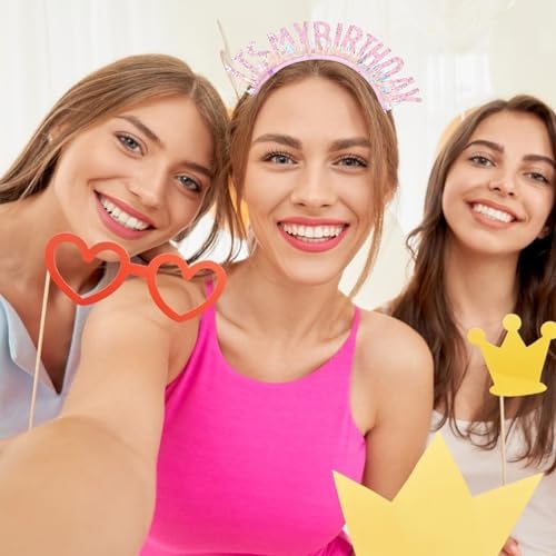 CIEHER Pink Happy Birthday Crown Tiara Headband for Women and Girls