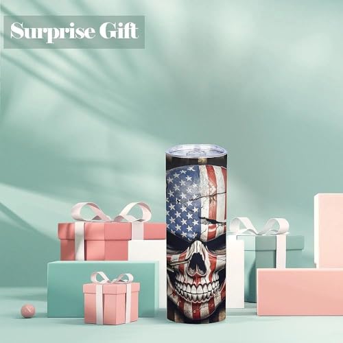 American Flag Skull 20oz Stainless Steel Tumbler with Lid - Patriotic Drinkware