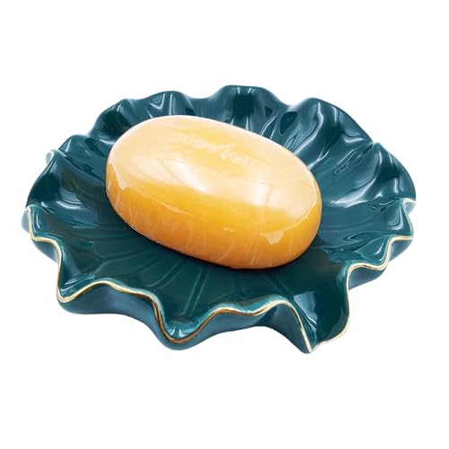 Ceramic Soap Dish - Self-Draining Lotus Leaf Design in Green