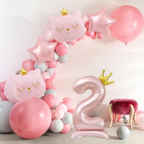 Pink Cat Balloon Set for 2nd Birthday Party - Crown Cat Foil Balloon Kit