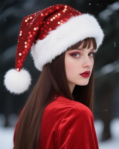 Hikkcos Red Sequin Santa Hat - Sparkly Christmas Party Cap for Adults