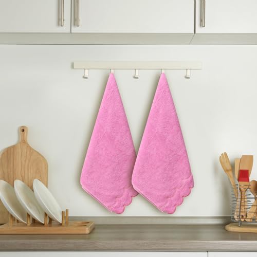 100% Cotton Scalloped Hand Towels, 600 GSM Embroidered Fingertip Set - Pink