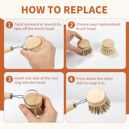 DEBETOOL Bamboo Dish Brush Set with 4 Sisal & Palm Fiber Heads