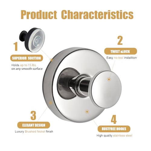 4-Pack Suction Cup Hooks for Bathrooms - Stainless Steel & PVC