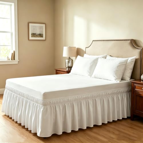 Elastic Wrap Around Bed Skirt with 15 Inch Drop - White