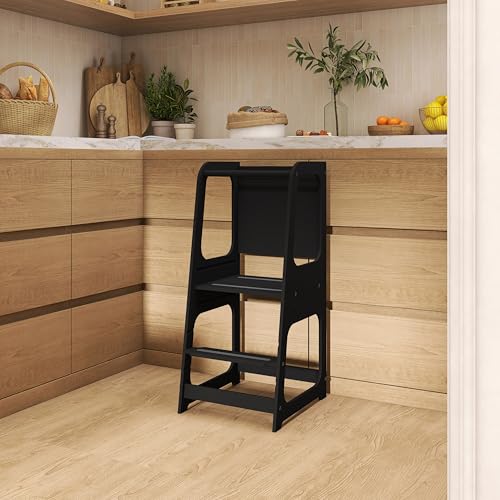 Dream On Me Explora Tower & Step Stool in Black – Solid Pinewood Kids Tower with 3 Adjustable Heights, Anti-Slip Base, Chalkboard for Creative Play