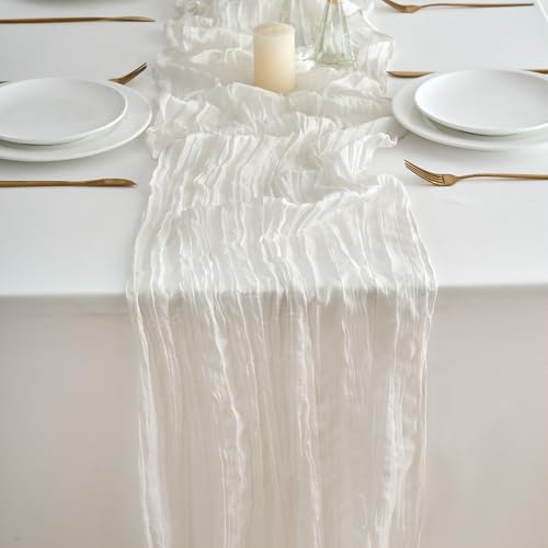 KingCheer 2Pcs Cheesecloth Table Runner 10FT Boho Rustic Gauze White