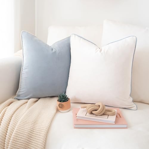 Monday Moose Velvet Throw Pillow Covers 16x16, Set of 2 Beige & Light Blue