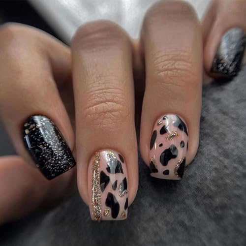 Black Press on Nails Short Square Glitter Leopard False Nails 24Pcs