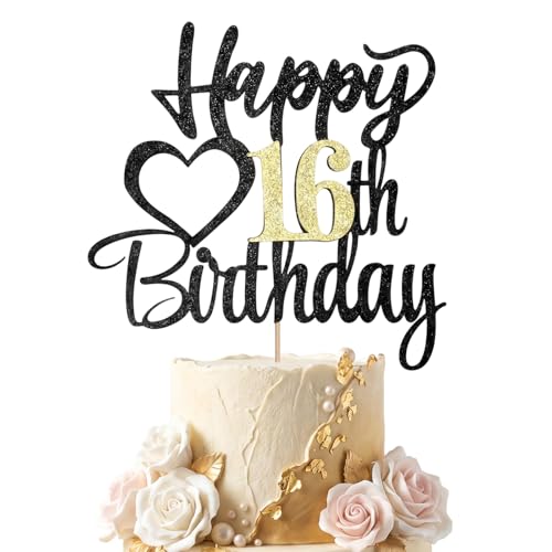 Black Glitter 16th Birthday Cake Topper - Happy 16th Decoration