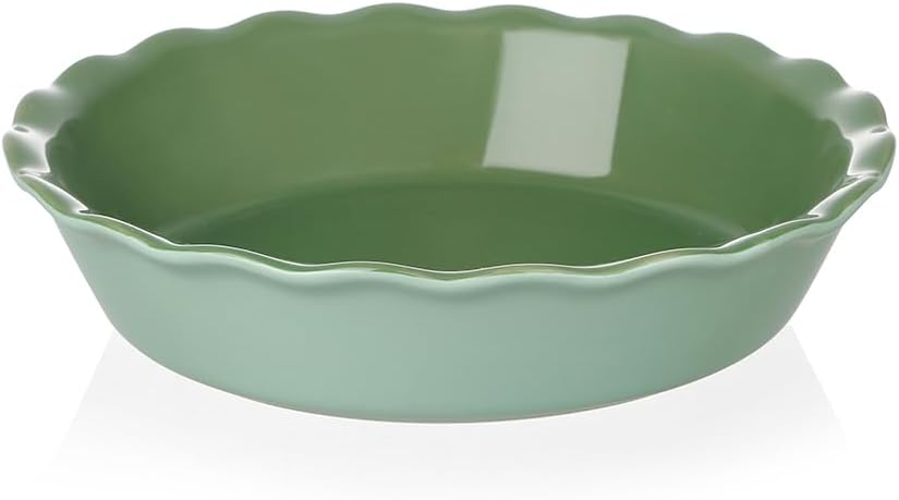 Sweejar Ceramic Pie Pan - 10 Inch Non-Stick Baking Dish with Soft Wave Edge | Green Color