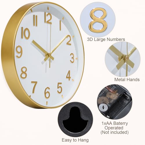 Modern Gold Wall Clock - 8 Inch Silent Battery Operated Decor