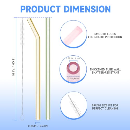 Colorful Reusable Glass Straws - 10 Pcs Shatter Resistant