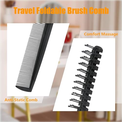 Qjaiune 3PCS Travel Foldable Hair Brush and Double Headed Comb, Black