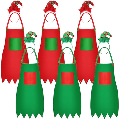 Christmas Elf Aprons and Headbands Set - Green and Red, Holiday Costume Accessories