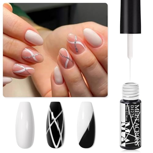 MEET ACROSS Black and White Nail Art Liner Gel Polish Set with Built-In Brush