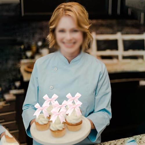 24 PCS Pink Bow Cupcake Toppers - Birthday & Baby Shower Decorations