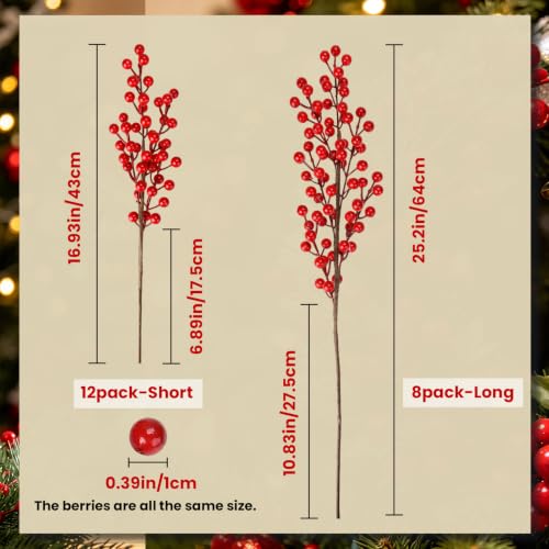 Artificial Red Berry Stems for Christmas Tree Decor - 16.9 Inches, 12 Pack